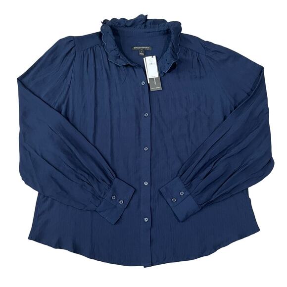 NWT Banana Republic Womens Ruffle Collar Long Sleeve Blue Rayon Shirt Size Large - Picture 1 of 5